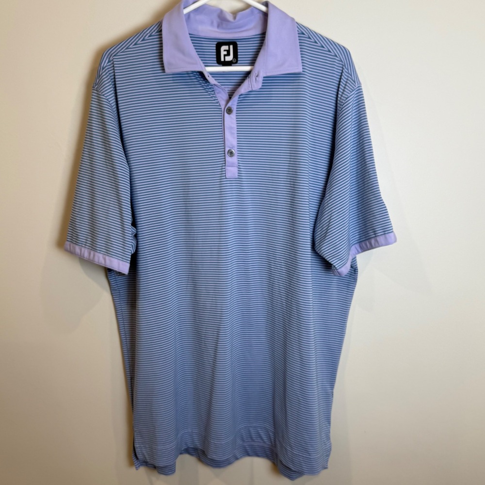 FJ FootJoy Golf‎ Polo Shirt Mens Large Blue Stripe Old Newbury Logo Short Sleeve